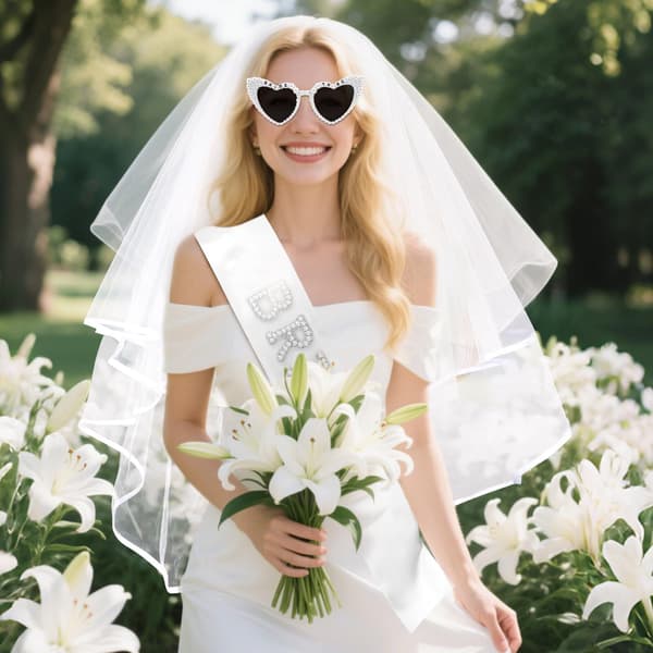 Brudeslør og Tiara Sæt med Hjerteformede Solbriller, Perle BRIDE TO BE Bryllupstilbehør til Polterabend og Bryllupsfester White A