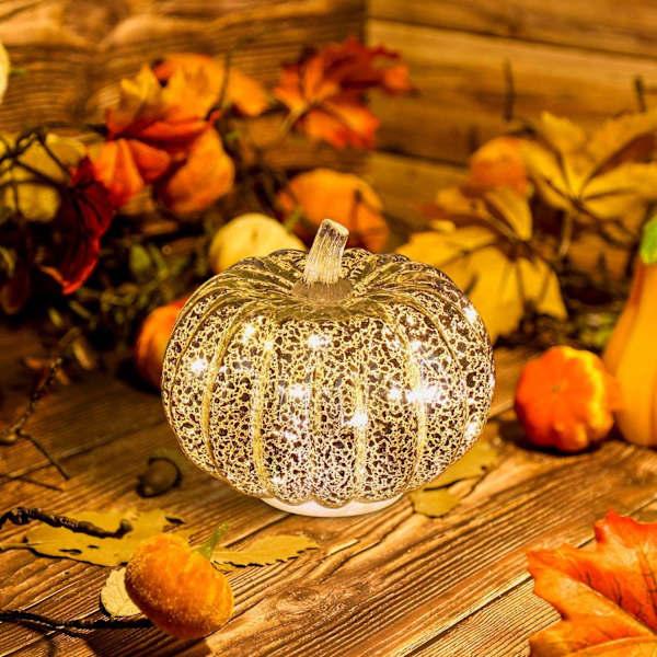 Halloween Pumpa Ljus Silver Glowing Glas Pumpa Nattljus Prydnader Höst Thanksgiving Thanksg