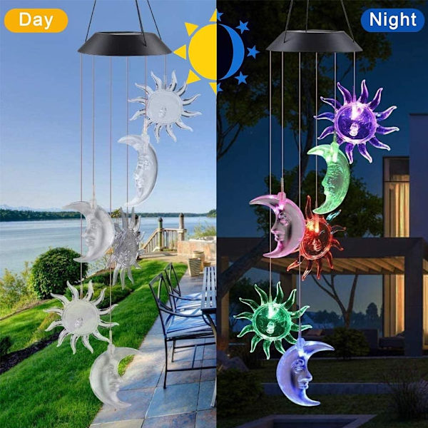 Solcells vindklocka, sol- och mån-LED solcells vindklocka lampa färgförändrande trädgårdslampa vattentät