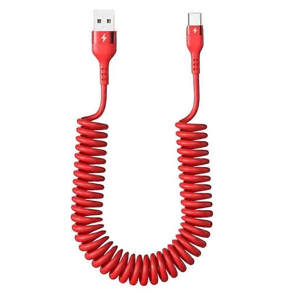 USB til USB C Spiral Kabel Uttrekkbar Billader Ledning Kompatibel iPhone for Android Dataoverføring Fjærdesign 5A Hurtigladekabel Rød