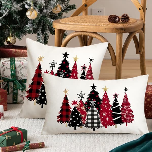 12x20 tommer juleputetrekk Akvarell Trær & Stjerner Design - Rød Jul Gårdshus Vinterdekor for Sofa