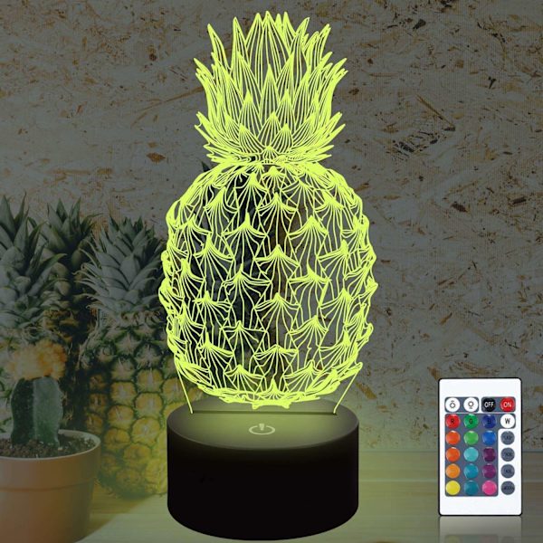 2025 Lämplig Ananas 3D Nattlampa, Frukt Hologram Illusion Bordslampa med Fjärrkontroll 16 Färger Ändras