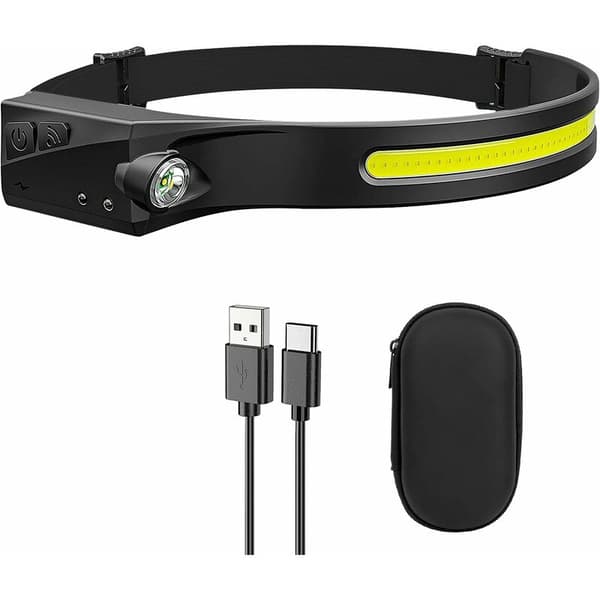 Oppladbar, vanntett LED-hodelykt med bevegelsessensor, 230° 5 lysmoduser og USB-kabel for barn og voksne, løping, camping, jogging