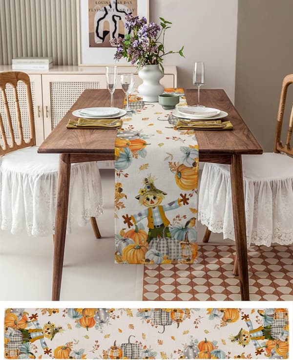 Thanksgiving Scarecrow bordløper Gård Gresskar Høst Lin Bomull Bordløper Kommodeduker, Høst 13x90in