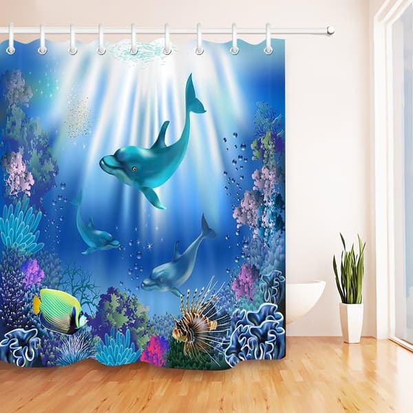 Undervattensvärlden med delfiner och växter, duschdraperi med krokar, 180cm x 180cm