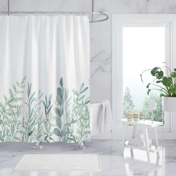 Duschdraperi i tyg med krok grön eukalyptus akvarell blommönster växtkonst kant