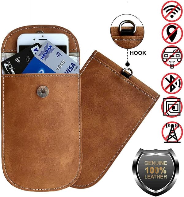 Faraday RFID Signal Blocking Pouch - Genuine Brown Leather, for Car Keys, RFID Blocking, Key Holder, Key Ring, Anti-Theft, Security, Key Protection