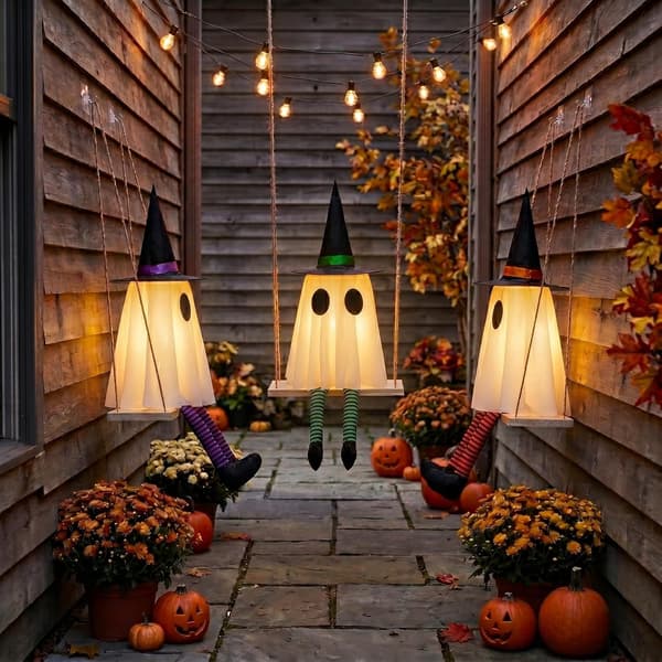 Halloween Swinging Ghost Outdoor Decor, Scary Hanging Ghost Decorations Set of 3, Timer Function, Remote Control, Unique Ghost and Witch Fusion Design