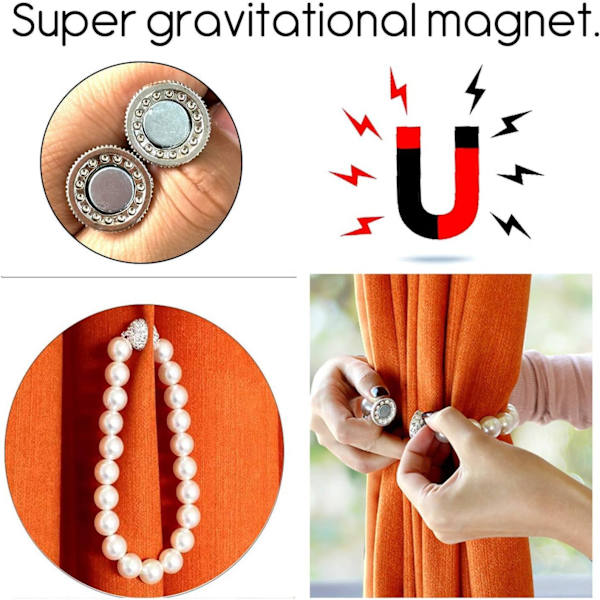 Magnetiska gardinuppsättningar, dekorativa pärlstil gardinuppsättningar klämmor eleganta fönsterdraperier repband, passar alla gardiner (2, vita)