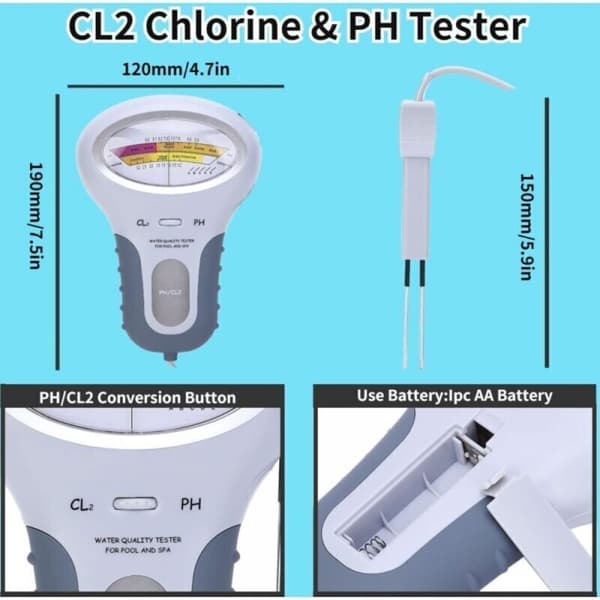 CL2 Chlorine and pH Tester, Multifunctional LCD Digital Tester, Chlorine Level Tester with Probe, For Swimming Pools Spas