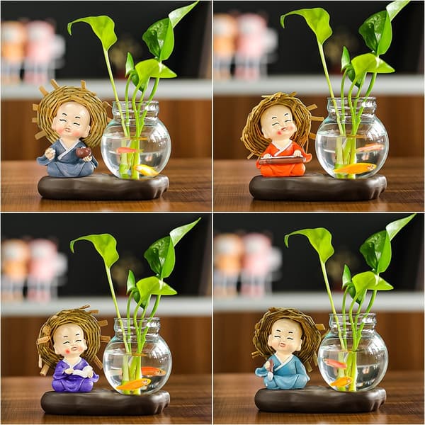 Grön Dill Hydroponisk Vas Glas Planter Bulb Vas Söta munkdocka staty prydnader med retro bas