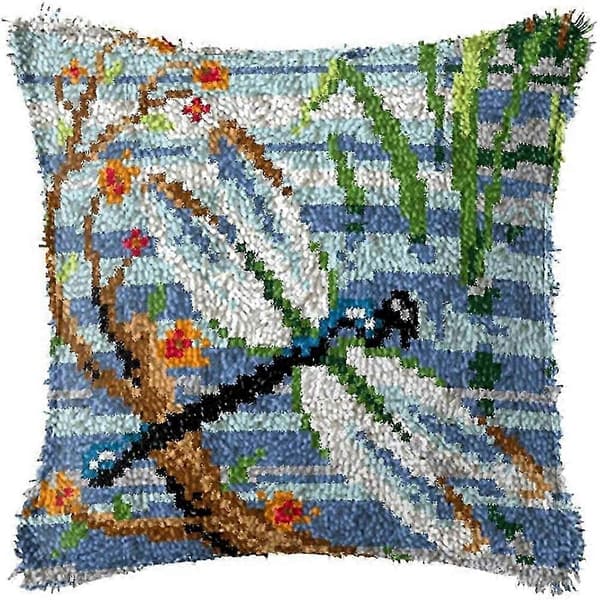 Latch Hook Cushion Kit for Adults Children DIY Throw Pillow Case Printed Canvas Dragonfly Pattern Handmade Crochet Decor