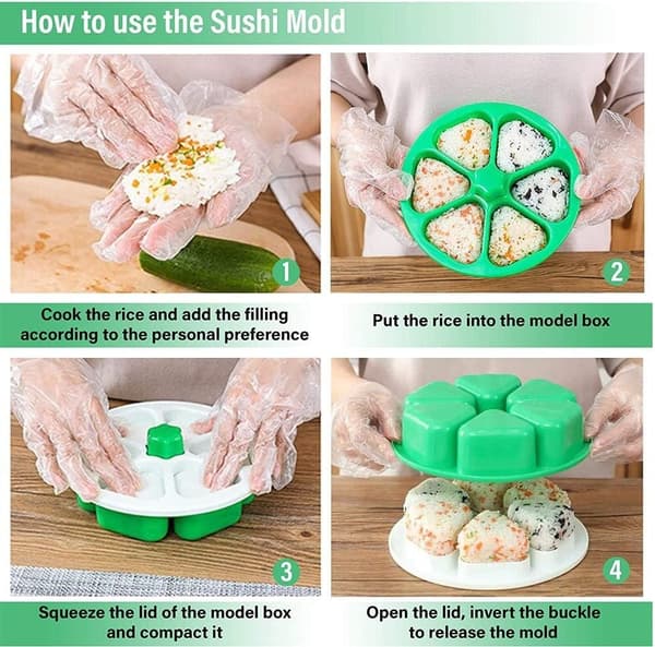 Triangulär sushiform, 6 risbollsformar, non-stick PP-plast, grön, 7,9 tum i diameter