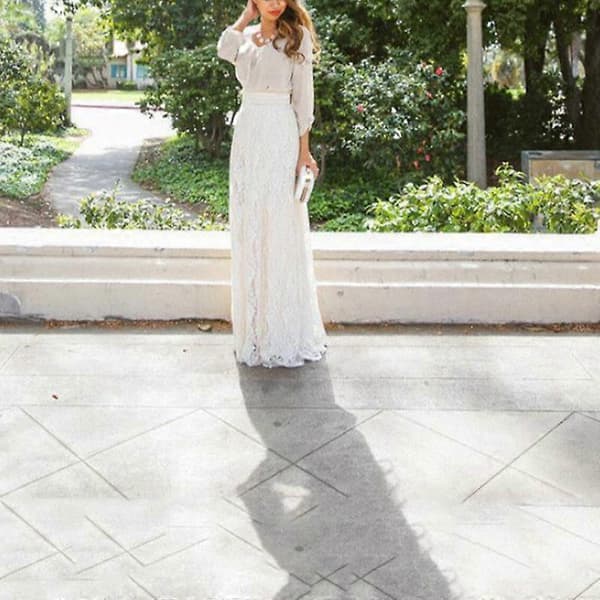 Maxi Lång Spets Full Boho Kjol Plisserad Strand Tyll Elegant S-XL vit för kvinnor