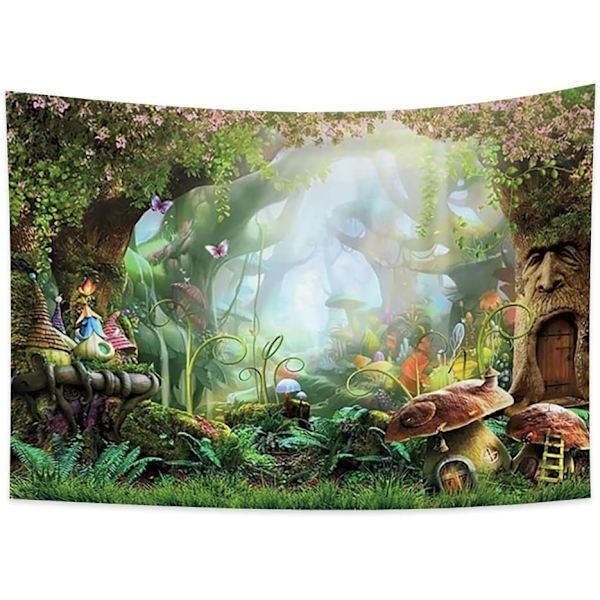 150x100cm Svampskog Gobeläng Alvstuga Psykedelisk Skog Serietecknad Vägg Hängande Blommor Magi