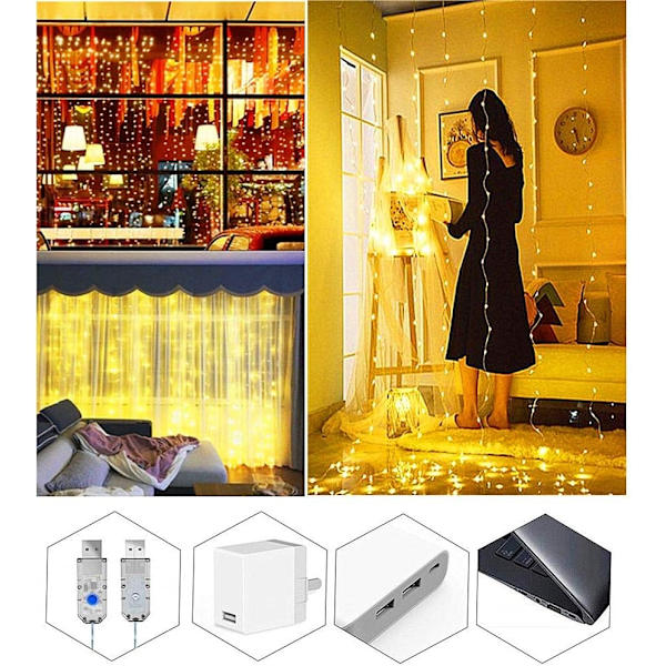 Ljusslinga utomhus 3x3m, 300 LED USB-slinga, juldekoration fönsterbelysning