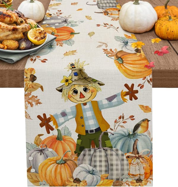 Thanksgiving Scarecrow bordløber, bondegårdsgræskar høst hør bomuld bordløber kommode tørklæder, efterår 13x90in