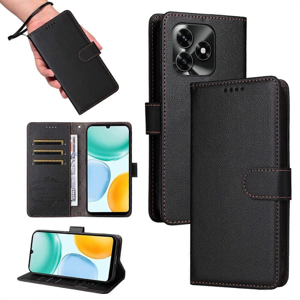 Kompatibelt Honor X5c Plus Etui RFID 3 Kortpladser PU Læder Telefonetui med Håndledsrem Black
