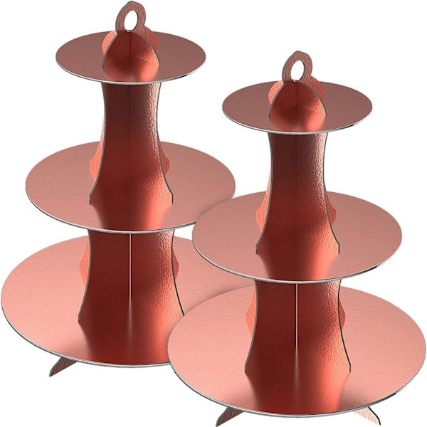 2-pack rosa guldfärgade kartong cupcake-ställ 3-vånings dessertställ runt cupcake-hållare torn för födelsedag