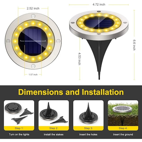 Solcellslampor för utomhusbruk, 4-pack 16 LED solcellsstrålkastare utomhusbelysning IP65 vattentät rostfri