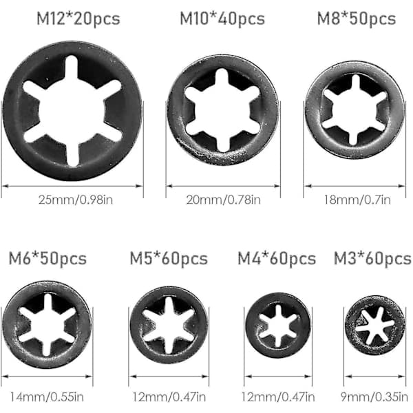 340-delars låsbrickssats för lagermontering M3 M4 M5 M6 M8 M10 M12 (7 storlekar)