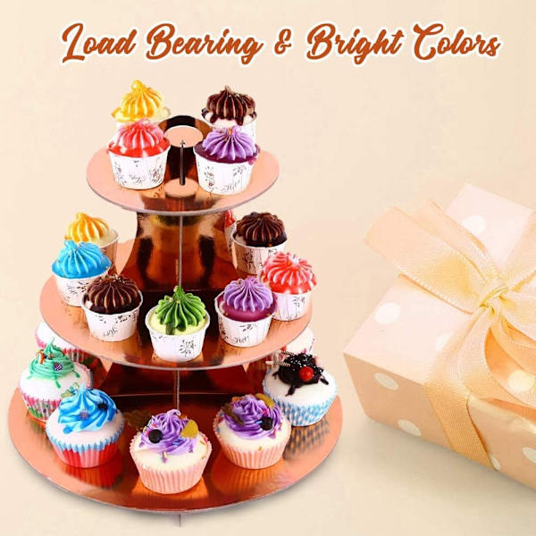 2-pack rosa guldfärgade kartong cupcake-ställ 3-vånings dessertställ runt cupcake-hållare torn för födelsedag
