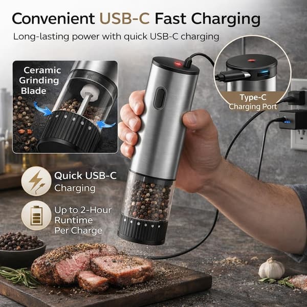 Elektrisk pepperkvern med USB-C oppladbart batteri - Justerbar grovhet Rustfri kvern for pepper og havsalt