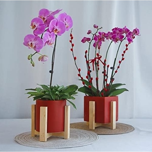 Set med 2 keramiska blomkrukor med växtstativ i trä - Modern - Inomhus och utomhus - Röd, Rund