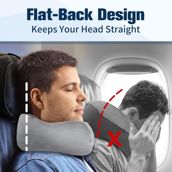 Memory Foam Travel Pillow, Adjustable & Compact Airplane Pillow, Ergonomically Designed, Includes Earplugs, Eye Mask & Storage Bag. grey