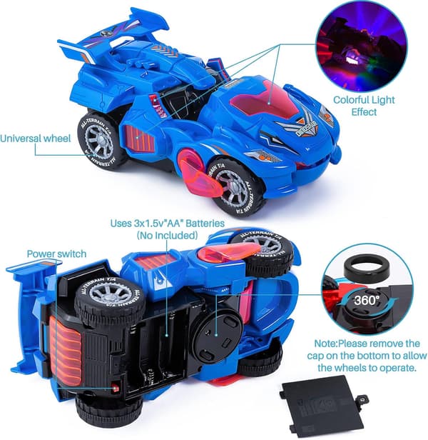 Dinosaur Transformerende Bil Elektrisk Dinosaur Legetøj Automatisk Transformerende Dinosaur Bil med Blitz & Lyd Egnet til 3-7 År Gamle Blue