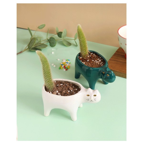 Blomkrukor Söta Katt Succulent Planter Växtbehållare ，Vit + Grön，2 st