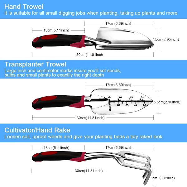 Trädgårdsredskap set, 3 st rostfritt stål handverktyg trädgårdspresentset inklusive handspad transplantation T