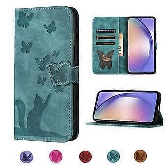 Compatible | Samsung Galaxy S21 FE 5G Embossed Butterfly Cat Wallet Case | Card Slots Kickstand Light blue