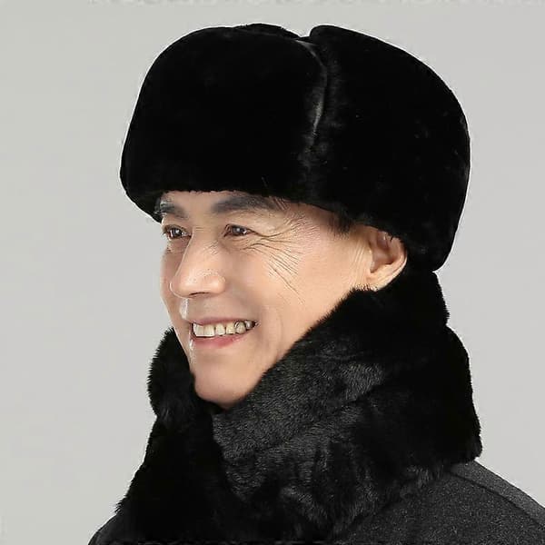 Äkta Läder Bomber Hatt Medelålders Äldre Vinter Öronmuff...