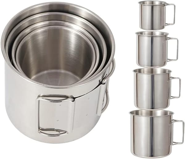 Camping Eldmugg med Handtag, Fällbar Stor Rostfri Stål Kittelmugg 4-Pack Ryggsäcks Utrustning