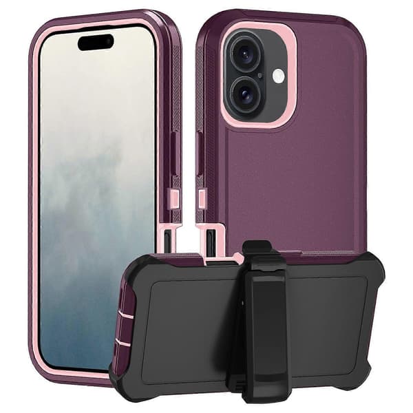 For iPhone 16 Detachable Shell PC+TPU Phone Case with Back Clip Stand Multicolor Multicolor Wine Red+Pink
