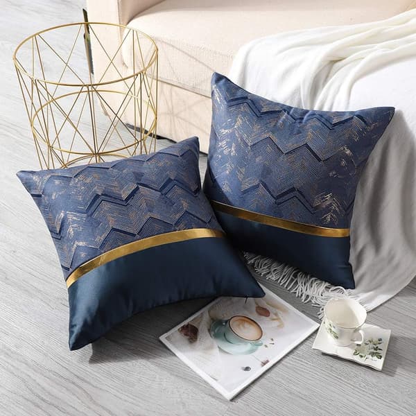 2 st Polyester Guldtråd Våg Dekorativt Örngott Hem Vardagsrum Soffa Sovrum (45x45cm, Marinblå B