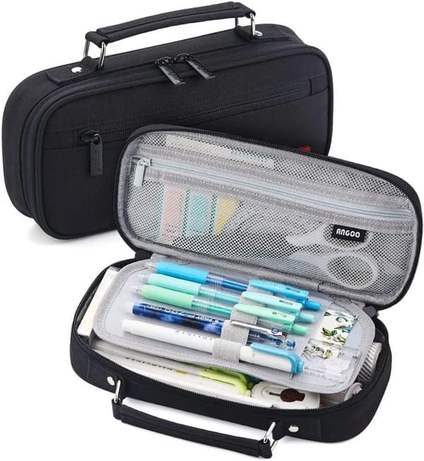 Pencil case, spacious pencil case with multiple compartments for pens for university, work, office, school, yellow (black)