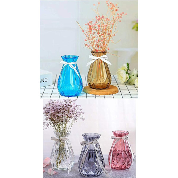 Vas blå transparent tung glasvas origami blomsterarrangemang grön växt hydroponisk dekoration