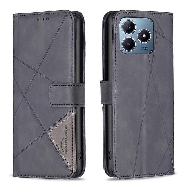 Magnetisk lukning Rombe-mønstret Læder Telefoncover Sort Black For Realme C61 / C63