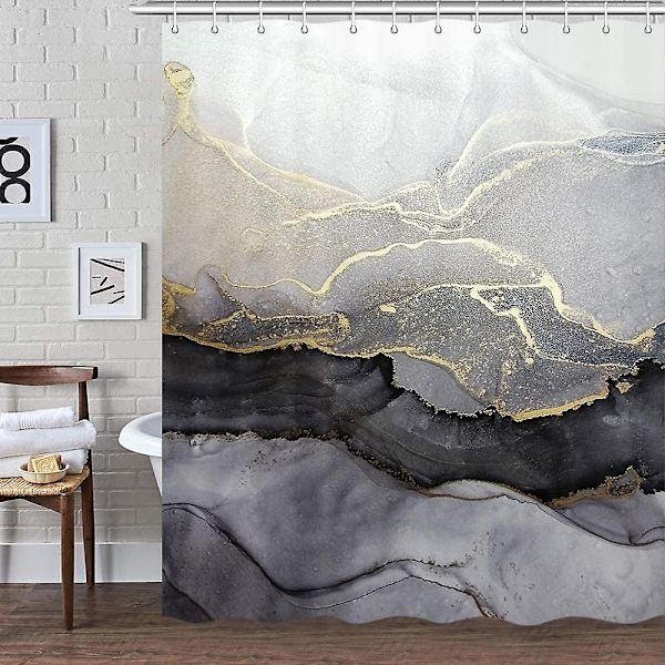 Marmor Duschdraperi För Badrum, Abstrakt Modern Svart Och Guld Tyg Duschdraperi Set