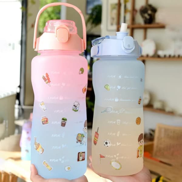 2 st vattenflaskor med stor kapacitet och sugrör, drickkopp, utomhusfitness, gradient, matta vattenflaskor, vandring, camping, 900 ml/2000 ml (rosa)
