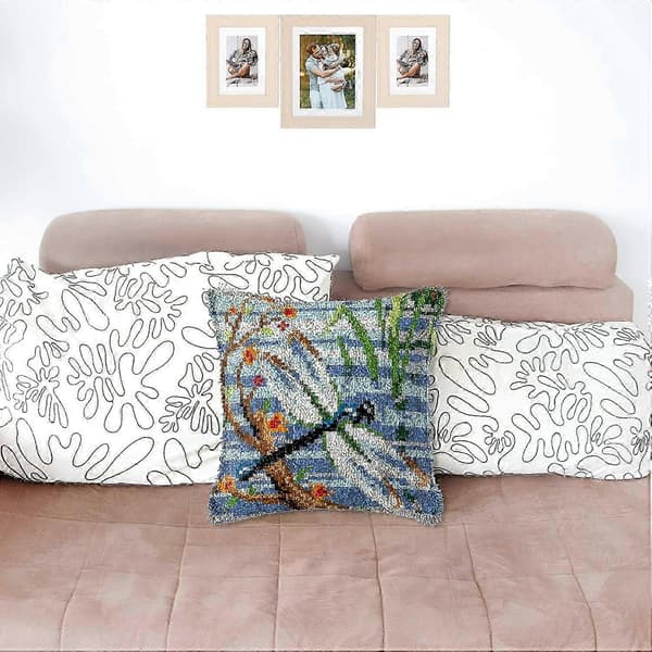 Latch Hook Cushion Kit for Adults Children DIY Throw Pillow Case Printed Canvas Dragonfly Pattern Handmade Crochet Decor
