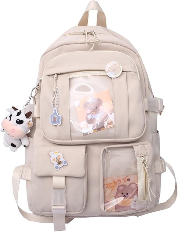Kawaii Backpack with Cute Pin Accessories Plush Pendant School Backpack Cute Aesthetic Backpack-Beige