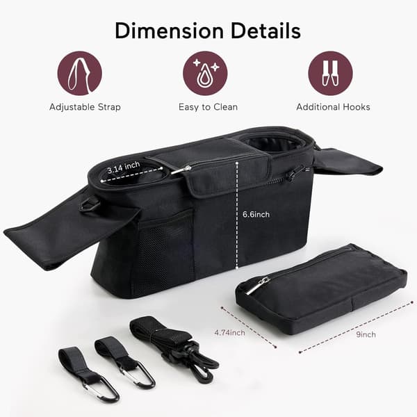 Black Stroller Organizer, Universal Stroller Bag with 2 Cup Holders, Insulated Bottle Holder, Large Pocket for Phone