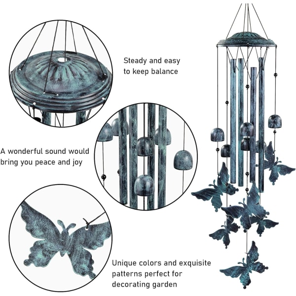 Vindklocka, utomhusvindklocka med 4 aluminiumrör - fjärilsvindklocka med S-krok, hängande vin