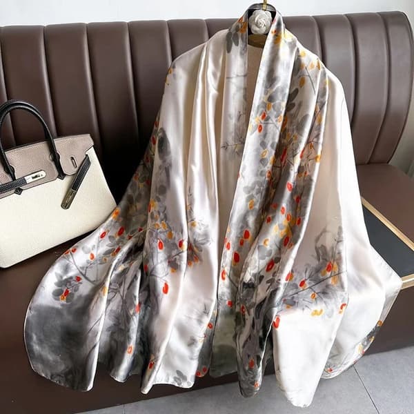 Beige Floral and Black Patterned Scarf/Shawl, Size 180x90 cm, Large Size, Silky Feel, Soft and Comfortable.