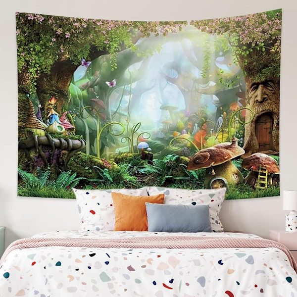 150x100cm Svampskog Gobeläng Alvstuga Psykedelisk Skog Serietecknad Vägg Hängande Blommor Magi