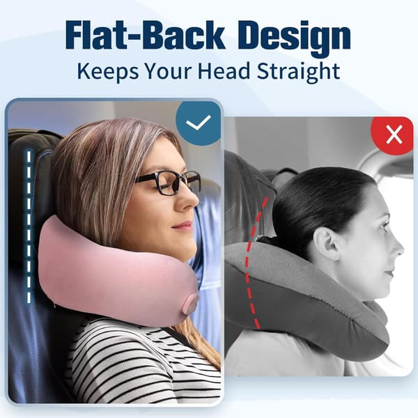 Memory Foam Travel Pillow, Adjustable & Compact Airplane Pillow, Ergonomically Designed, Includes Earplugs, Eye Mask & Storage Bag. pink