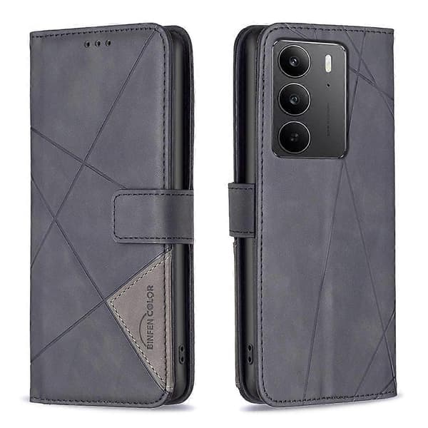 Magnetisk lukning Rombe-mønstret Læder Telefoncover Sort Black For Realme C75 4G